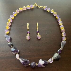 Hand Crafted Purple and Gold Amethyst Bead Necklace with Matching Earrings